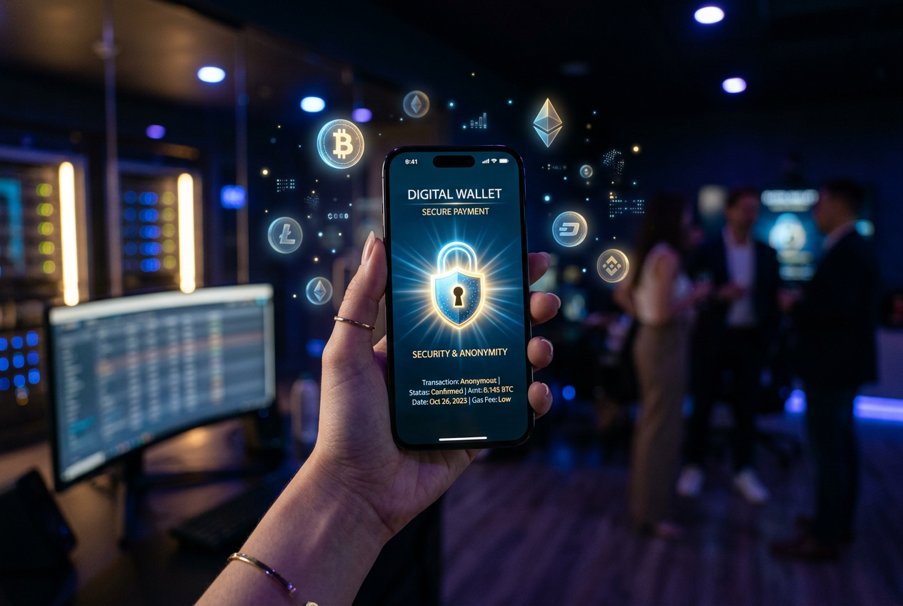 Wizualizacja bezpiecznych płatności kryptowalutowych w kasynie online.