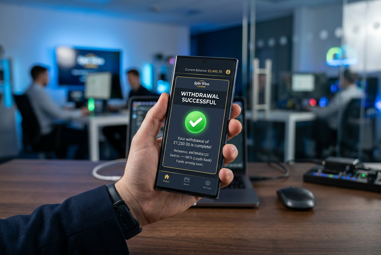 Smartfon wyświetlający powiadomienie o sukcesie natychmiastowej wypłaty z kasyna